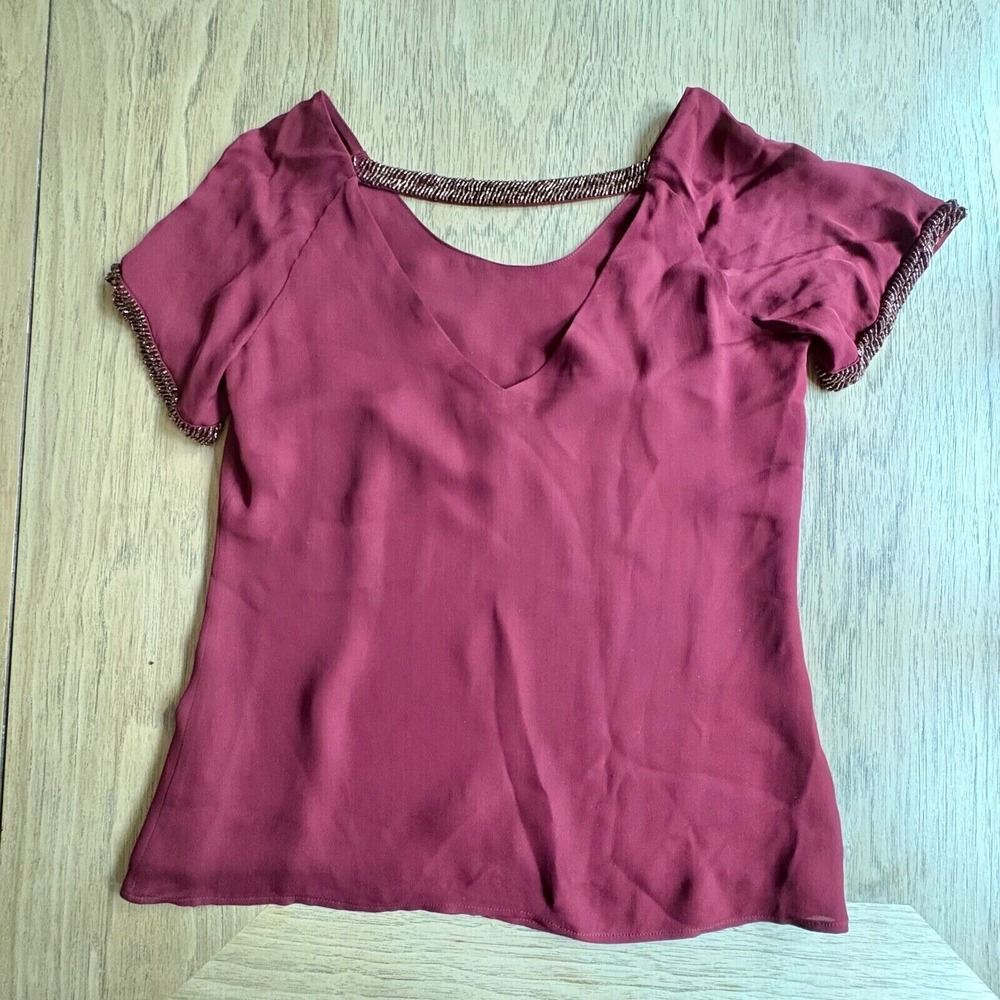 $328 REBECCA MINKOFF Zoey 100% Silk Beaded Top Merlot Cocktail Blouse SIZE 0 EUC - Picture 7 of 16
